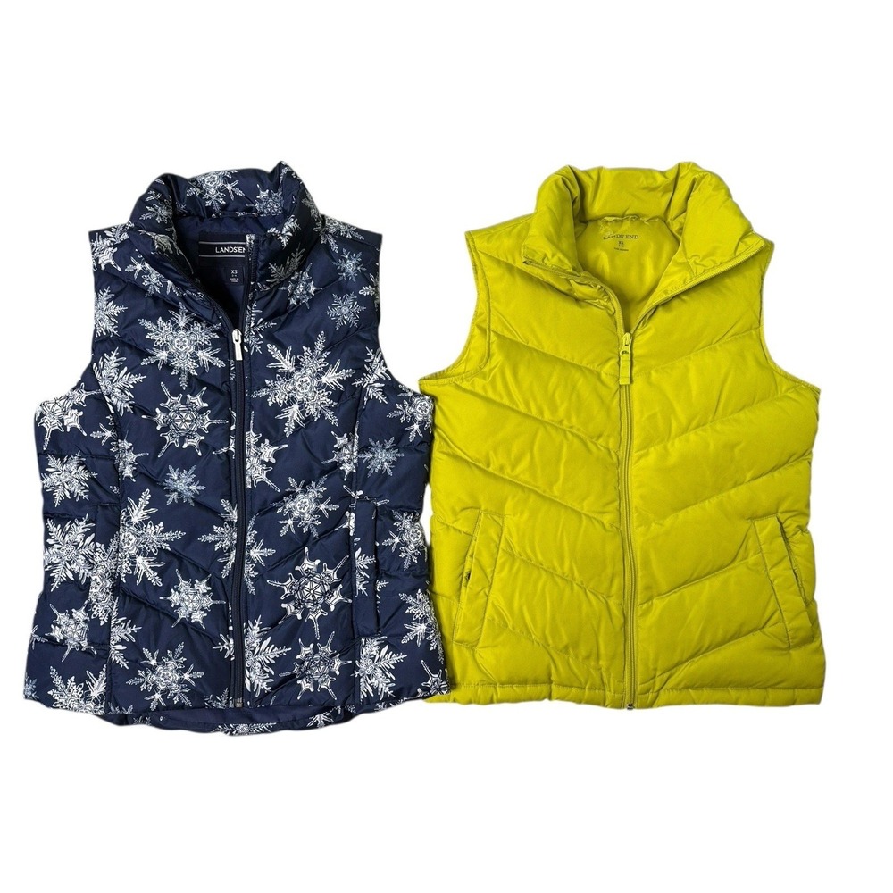 Lands End XS 2-4 Down Puffer
Vest Womens Lot of 2 Full Zip Showflake Navy Green